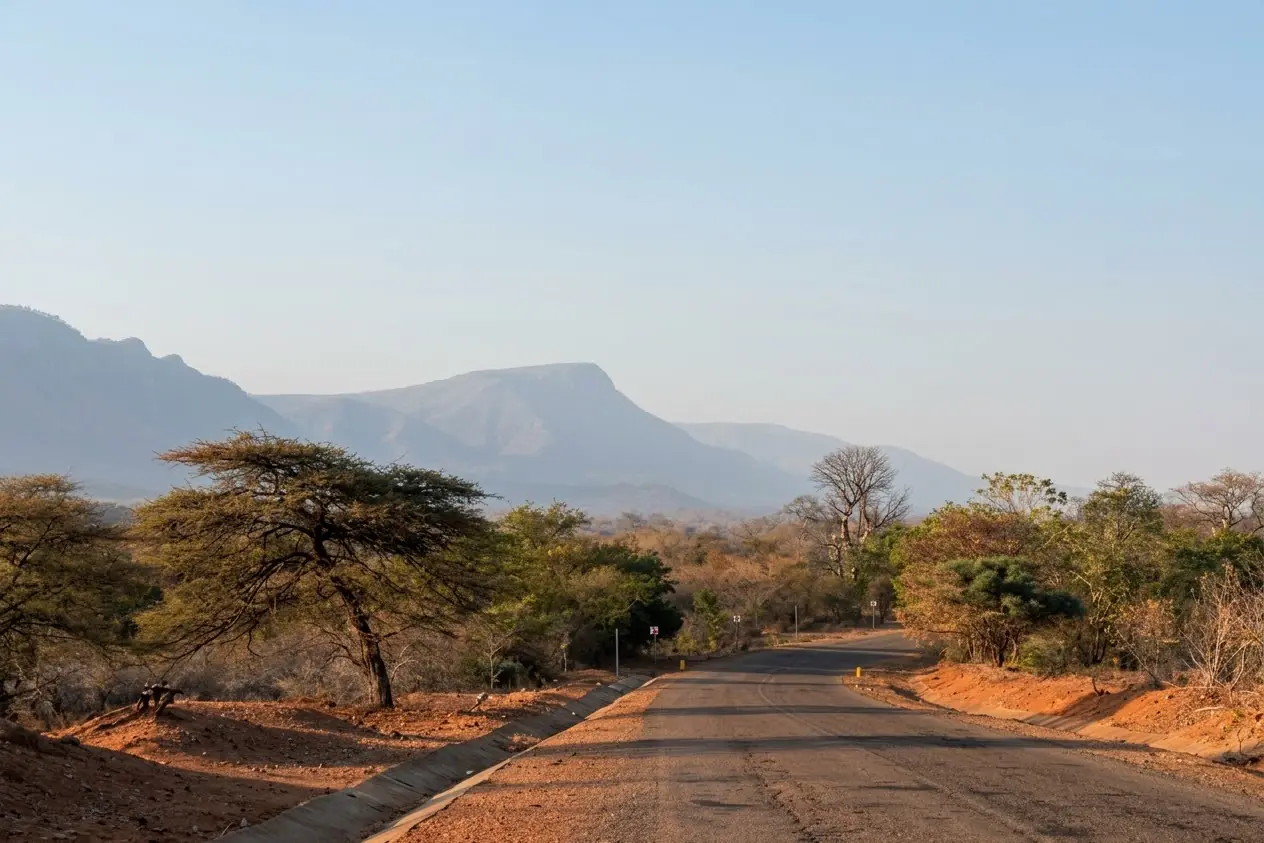 Tar road with red-earth verges and acacia trees leading toward the mountains