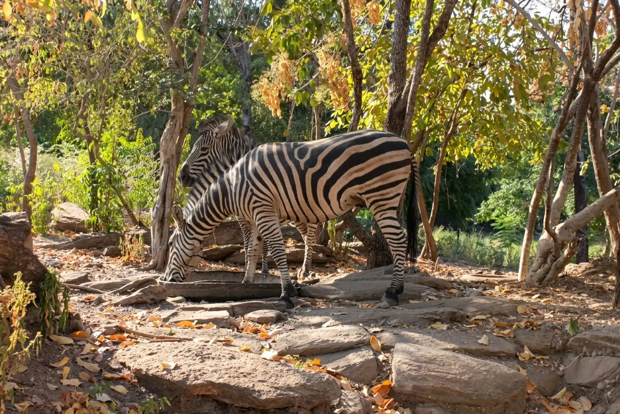 Zebra grazing between rocks and autumn-coloured trees