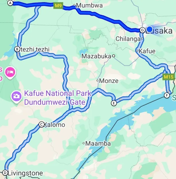 Zambia road trip route map from Lusaka through Kafue, Livingstone, and Lake Kariba